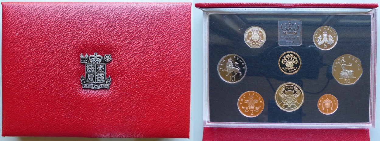 1986 UK Proof Coin Collection, deluxe red leather case